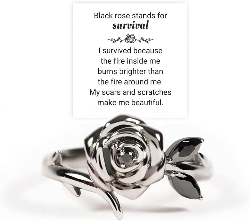 Burned and Survived Self-Love Black Rose Ring, 925 Sterling Silver Lucky Rose Flower Embrace Ring, Black Self Love Rings, Inspirational Jewelry Gift for Women
