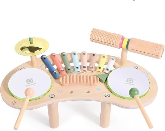 Asweets 7 in 1 Kids Drum Set for Toddlers, Wooden Xylophone Musical Instruments Kit Play Set for Girls Boys 3+, Montessori Musical Toy Drum Set for Birthday Gifts