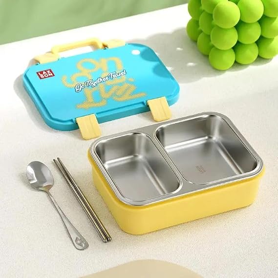 Beslenme Kutusu Paslanmaz Çelik - 700 ml 2 Bölmeli Taşıma Kulplu Çocuk Beslenme Kabı (Mavi)