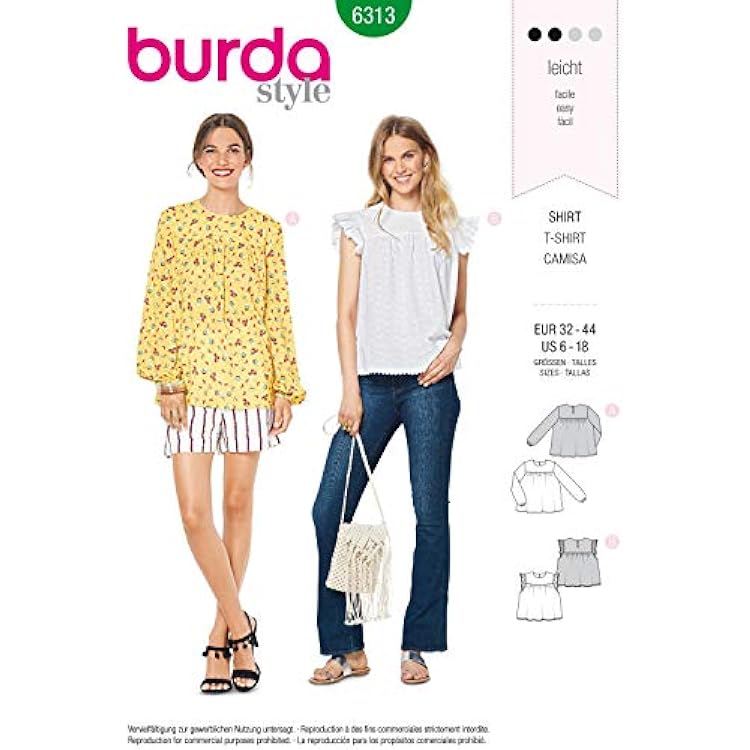 Burda Style Sewing Pattern 6313 - Misses Babydoll Top, A6-8-10-12-14-16-18