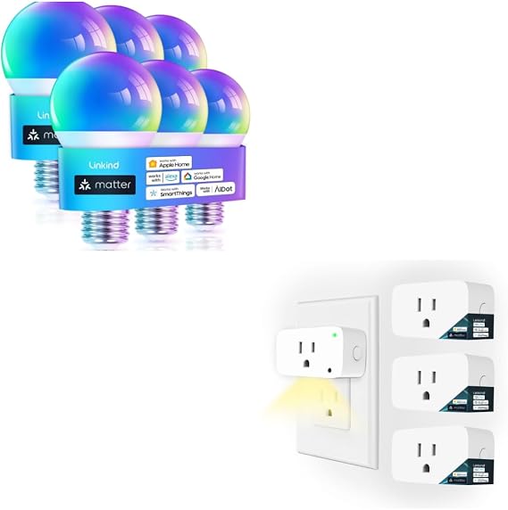 Linkind Matter Smart Light Bulb 6 Pack Bundle Matter Smart Plug with Night Light 4 Pack, Compatible with Alexa, Apple Home, Google Home