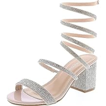 TOP Moda Women's Rhinestone Strappy Spiral Ankle Strap Low Chunky Block Heel Sandals