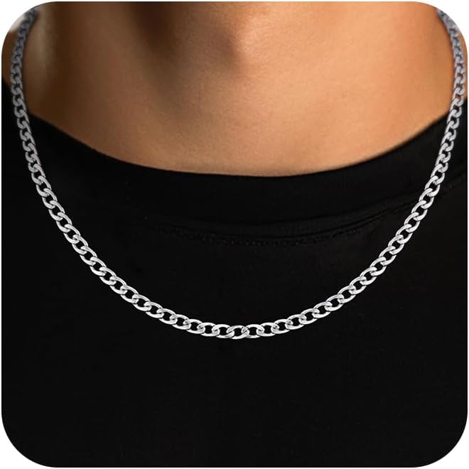 Cuban Link Chain for Men Stainless Steel Necklace Jewelry | 4mm-6mm, 17, 18, 20, 22, 24, 26 Inches, Tarnish Resistant, Water-Resistant, Diamond Cut, Hip-Hop Style Men Jewelry Gift