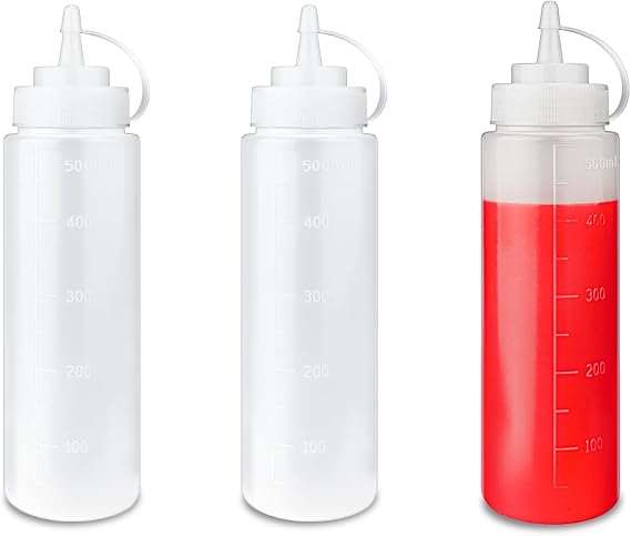 3 Pcs Squeeze Bottles with Caps, 500ml/17.6oz Plastic Sauce Bottles, Squeezy Condiment Sauce Bottle with Measurements, Reusable Squeeze Dispensers for Ketchup Syrup BBQ Mustard Salad Dressing