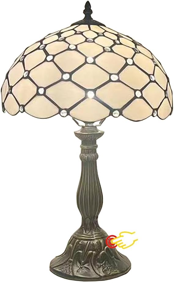BOTOWI Tiffany Style Table Lamp Touch Control Lamp 12X12X19 Inch Tiffany Reading Light Antique Glass Desk Decor Lamp for Bedside,White Beads