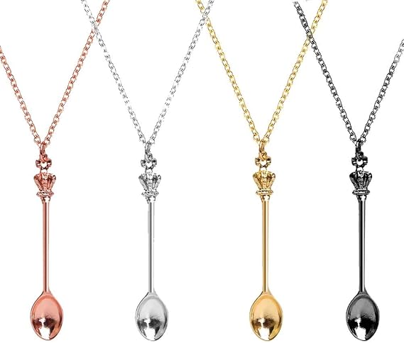 YuZhou Spoon Necklace Set Mini Charms Ket Necklace Small Spoon Tiny Little Scoop Teaspoon Metal Crown Pendant Long Chain Home Supplies for Women Girl Jewellery Party Gift