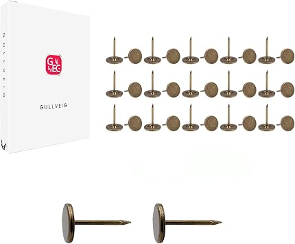 Gullveig Bronze Push Pins and Thumb Tacks: Heavy Duty Flat Upholstery, Long Carpet Tacks, and Decorative Nails for Wood and Fabric, 30 Count
