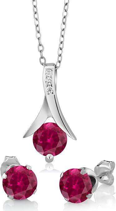 Gem Stone King Sterling Silver Created Ruby Pendant & Earrings Set for Women | 2.40 Cttw | 925 Sterling Silver | 6MM Round Cut | 18 Inch Chain | Fine Jewelry Gift for Her, Mom, Wife