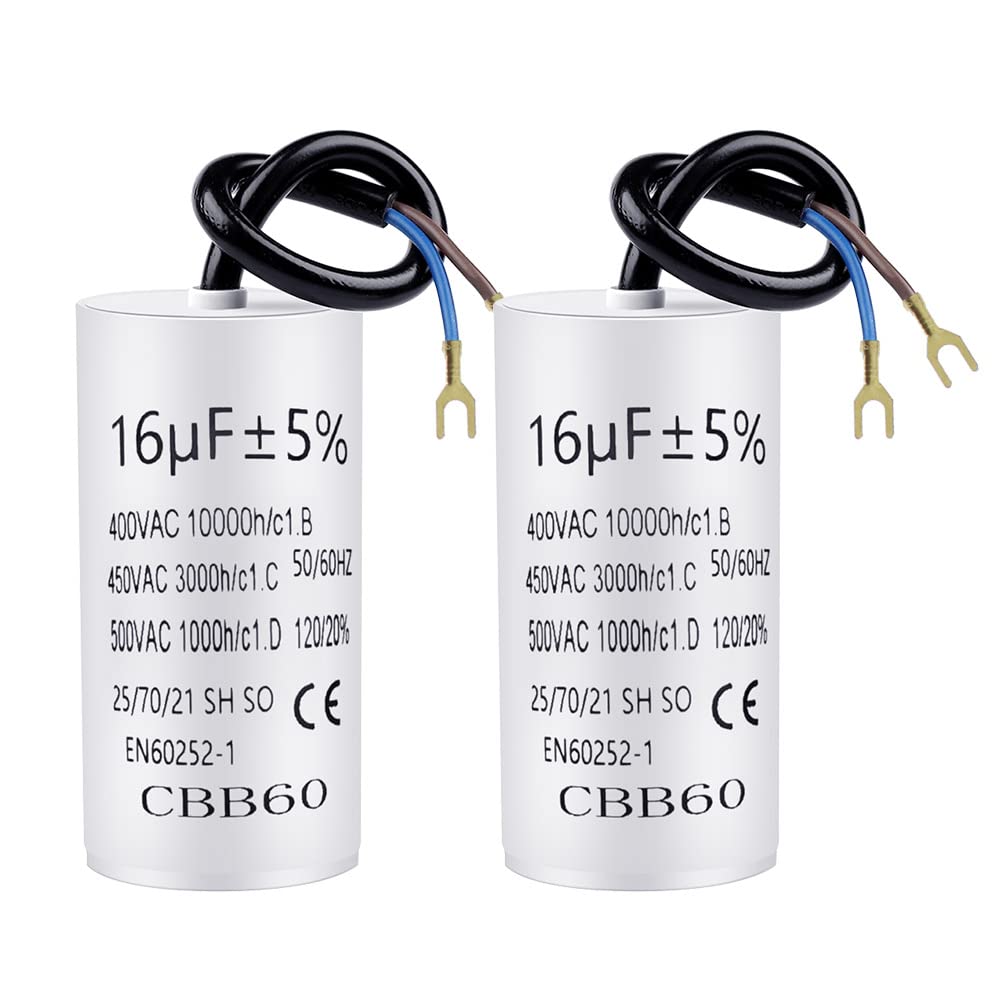 TXErfolg 2 Pieces CBB60 Capacitor 16µF 450V 5060 Hz Motor Capacitor with 20cm Connection Cable and Cable Lugs Starting Capacitor Motor Electical Capacitor 16uF | 74x37mm