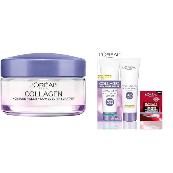 LOreal Paris Collagen Daily Face Moisturizer, Reduce Wrinkles, Face Cream 1.7 oz + L'Oreal Paris Collagen Moisture Filler Face Cream with Broad Spectrum SPF 30, + Face Serum Sample