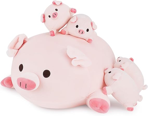 Achwishap 5PCS Pig Family,Pig Stuffed Animal Mommy with 4 Pig Babies Plush,Cute Pig Plush Pillow Cushion Doll,Kawaii Pig Plush Toy Hugging Pillow for Kids Adults Birthday Gifts(16 Pig Family)