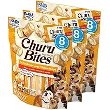 INABA Churu Bites for Dogs, Grain-Free, Soft/Chewy Baked Chicken Wrapped Churu Filled Dog Treats, 0.42 Ounces Each Tube | 24 Tubes Total (8 Tubes per Pack), Chicken Recipe