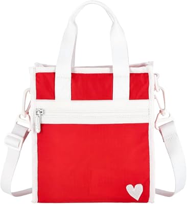 LeSportsac White Heart Embroidered Mini NorthSouth Tote Crossbody  Top Handle Handbag, Style 3714Color L239, Vibrant Festive Red Evokes Strength & Positivity, Unique Embroidered White Heart, 2 Tone