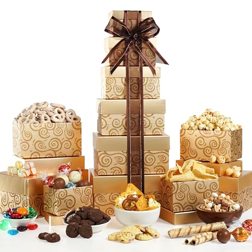 Broadway Basketeers Gift Tower with Gourmet Cookies & Snack Treats for Memorial Day, Birthdays, Corporate Thank You Gifts, Kosher
