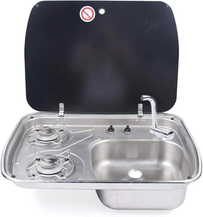 Gas Camping Stove 2 Burner Cooktop with Stainless Steel Sink Combo and Glass Cover for RV, Motorhome, and Outdoor Use