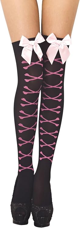 iB-iP Women's Bones Tied Up Patterned Seamless Punk Thigh High Hold-up Stockings