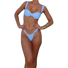 Womens Thong Bikini Sets V Neck Wide Strap Ruched Push Up Top Cheeky Thong Bottom Sexy 2 Piece Beach Swimsuit Swimwear