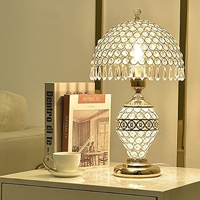 Crystal Metal Table Lamp for bedrooms, Dimmable Bedside Lamp, 18inch Decorative Nightstand Lamps Classic Elegant Design with Crystal Drops for Living RoomGold