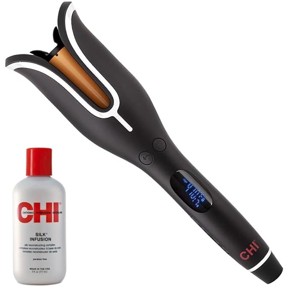 CHI Spin N Curl Ceramic Rotating Curling Iron and CHI Silk Infusion 6 fl. oz.| 1 Curling Iron | Ideal for Shoulder-Length Hair Between 6-16" | Include Cleaning Tool | Black