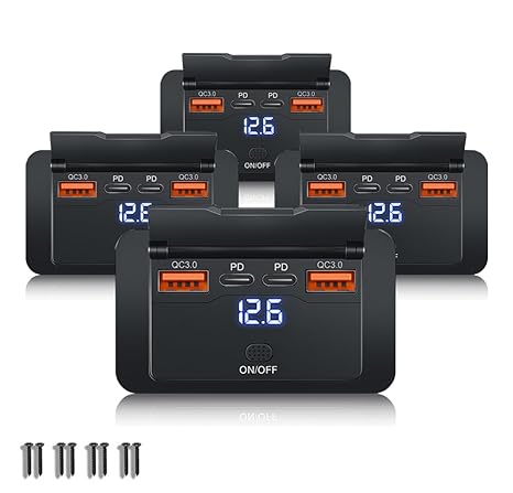 96W 12V USB Outlet Panel Wall Mount–Dual 36W PD & Dual QC3.0 18W Car USB Charger Socket, Waterproof Switch, Surface Mount for RV, Boat, Truck, ATV, Marine (4 Pack)