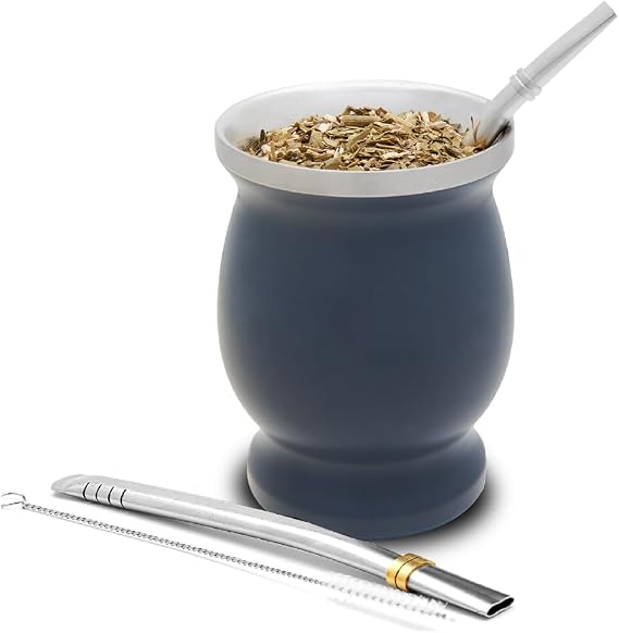 balibetov Yerba Mate Set - 237 ml Stainless Steel Double Walled Mate Calabash with 2 Bombillas & Cleaning Brush - Insulated, Easy to Clean
