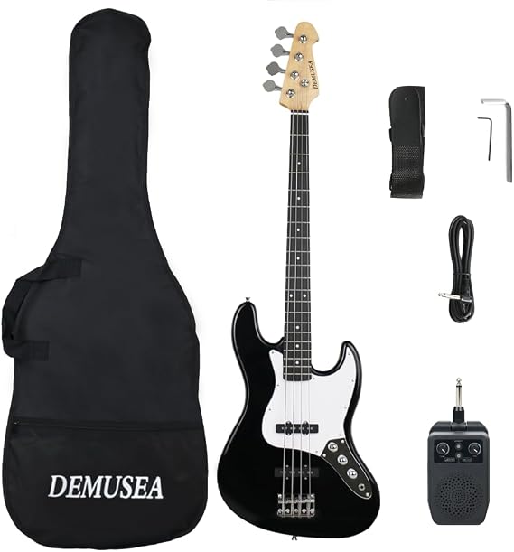 Full size electric bass guitar kit black color with 5W rechargeable bluetooth 4effects travel amp solid paulownia body maple neck bundle softbag cable strap wrenches for practice starter(BKJZ)