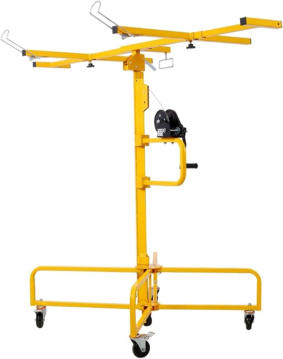 16' Lift Drywall Panel Hoist Jack Lifter Jack Rolling Caster Wheel Sheetrock Drywall Lift Construction Tools, 150lb Capacity, 4ft x 16ft Max Sheet Size, Yellow