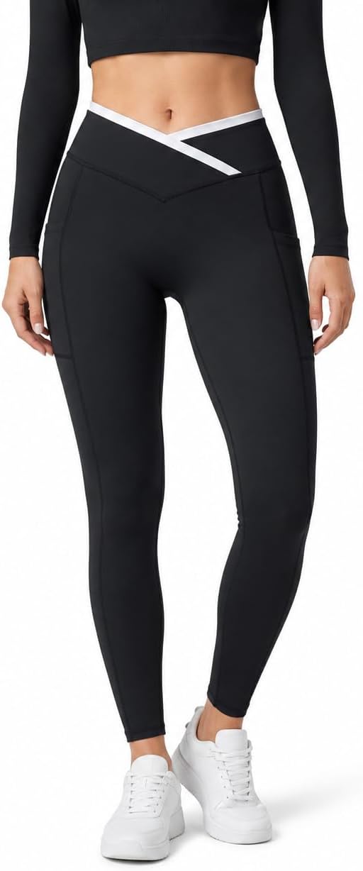 Sunzel Crossover Scrunch Leggings for Women, No Front Seam, Side Pockets