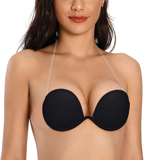 JOATEAY Strapless Backless Bra Plunge Push Up Adhesive Bra with Clear Strap | Deep U Plunge Neckline| Sticky Side-wings| Underwire Support| For Hater Low-cut Party Wedding Dress