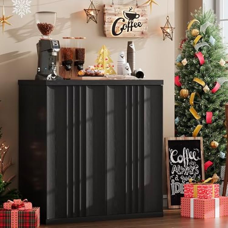 Dystler Buffet Cabinet with Storage & Adjustable Shelves for Living Room, Fluted Sideboard with 31.5W & Press-Spring Doors, Modern Coffee Bar Cabinet for Entryway & Kitchen, Black