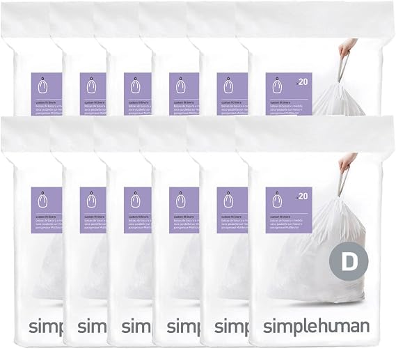 simplehuman Code D Custom Fit Liners, Drawstring Trash Bags, 20 Liter / 5.2 Gallon, 12 Refill Packs (240 Count