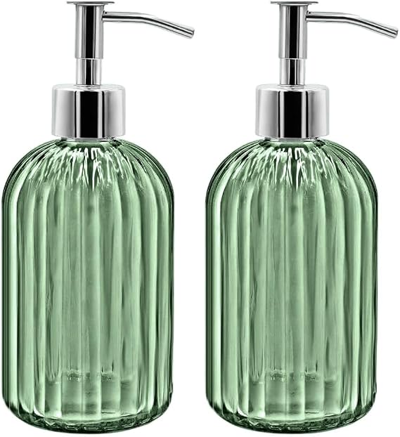 2 Pack Glass Soap Dispenser Bottle with Pump, 14 Oz Refillable Liquid Hand Jar Dispenser for Bathroom, Countertop, Kitchen, Laundry Room (Light Green)
