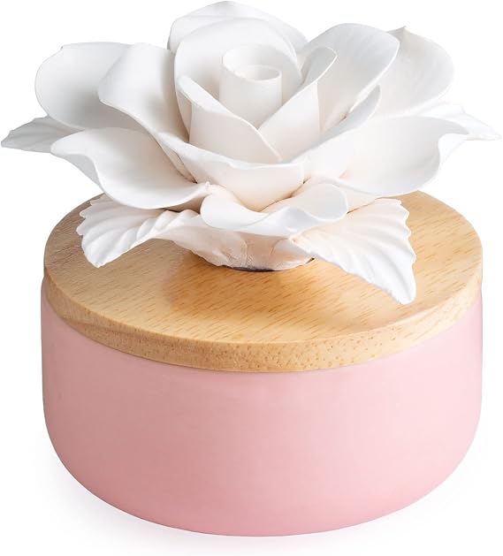 Airome Succulent Passive White Porcelain Diffuser, Non-Electric, Battery-Free Fragrance and Essential Oil Diffuser with Peppermint Essential Oil, White Rose with Wood and Pink Base