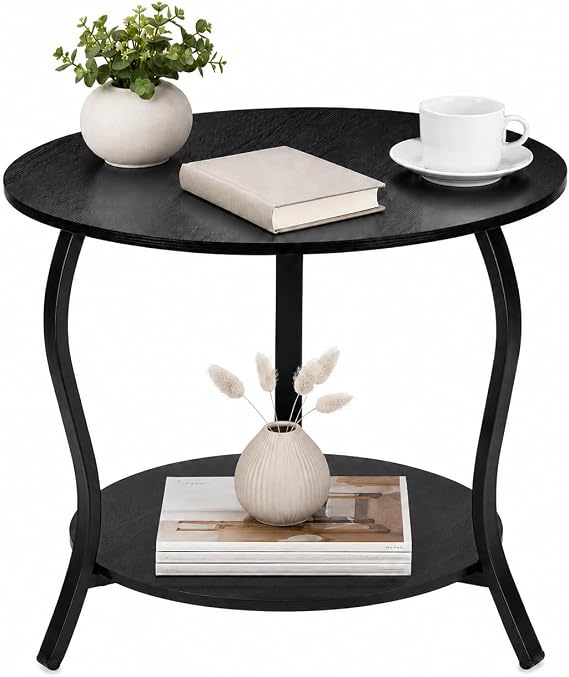 Small Round Coffee Table with Open Storage,23" 2-Tier Coffee Side Tables for Small Space, Accent Center Table Circle Sofa End Table with Wooden Table Top for Living Room Bedroom Apartment,Black