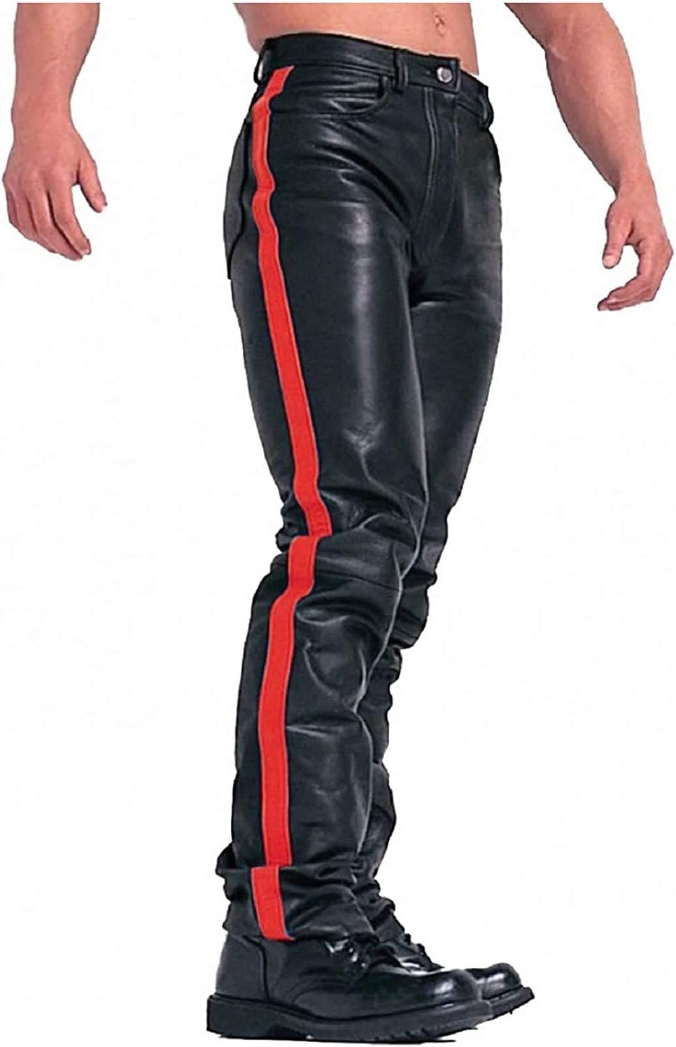 Men's HOT Style Real Black Leather with RED Strips Pants Sleek & Sexy Jeans Motorcycle Biker Trouser