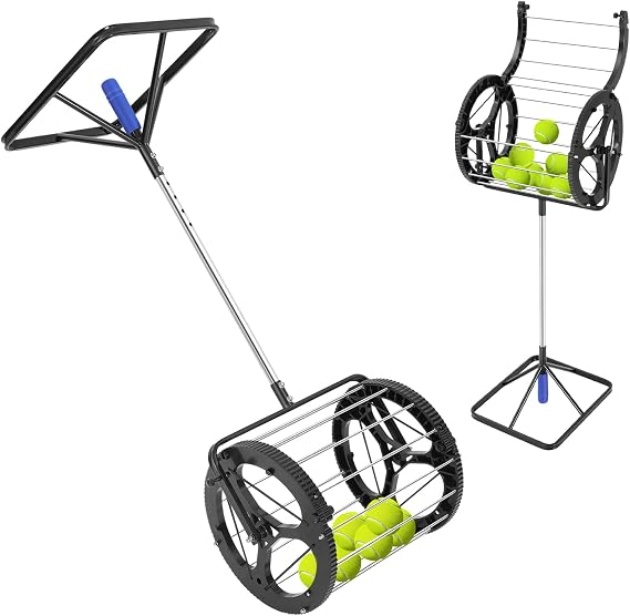 Tennis Ball Hopper, Tennis Ball Collector with Large 80-Ball Capacity, Adjustable Height Tennis Ball Picker Upper for Coaches & Players, Durable Steel Tennis Ball Basket for Court Training