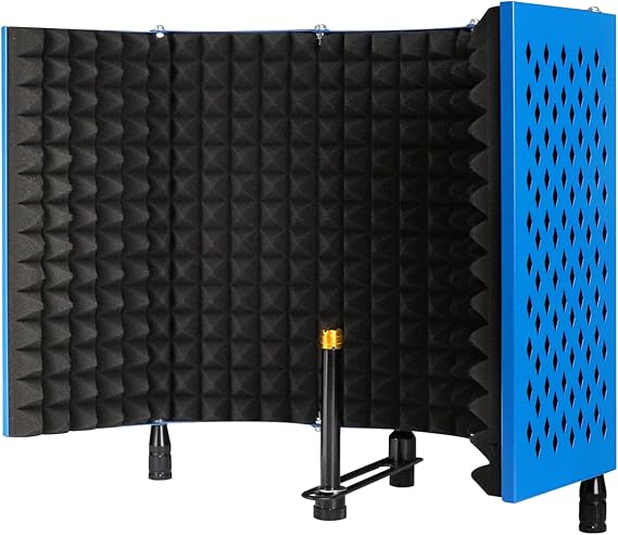5 Panel Foldable Microphone Isolation Shield with High Density Mic Sound Absorbing Foam Metal Shield for Sound Recording Studio Podcasts Gaming Singing and Broadcasting Equipment (Blue)