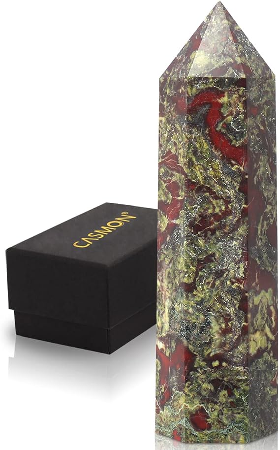 CASMON Black Obsidian Wand 3.2-3.5 Healing Crystal Tower, Natural Large 6 Faceted Prism Point Wand Stone with Gift Box (Dragon's Blood Stone, 85-90mm)