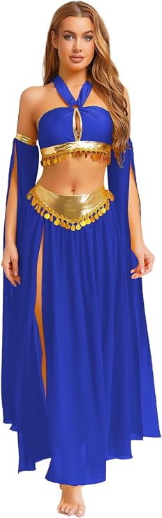 Freebily Women's Belly Dance Outfit Halter Bra Top with Maxi Skirts Split Sleeves Arabian Princess Dress