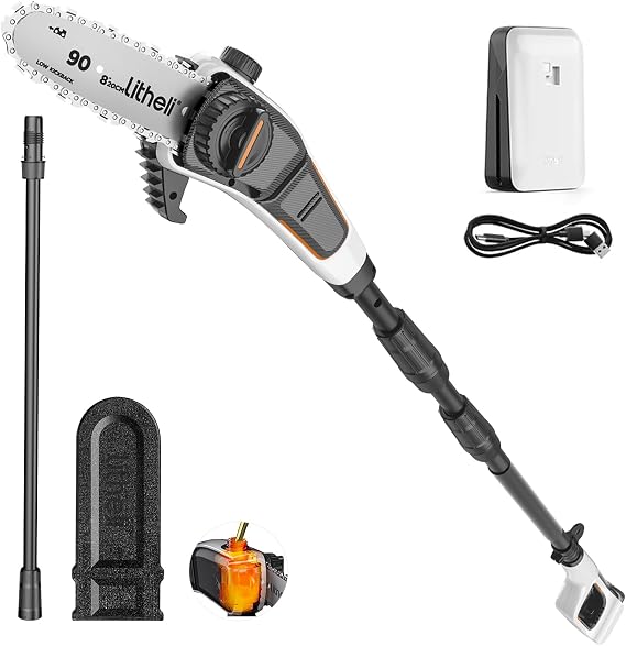 Litheli Cordless Pole Saw, 20V 2.5Ah Battery Pole Saws for Tree Trimming, 8-Inch Pole Saw Battery Powered 27.5ft/s Cutting Speed Auto Oiling Multi-Angle Electric Pole Chainsaw(Battery Included)