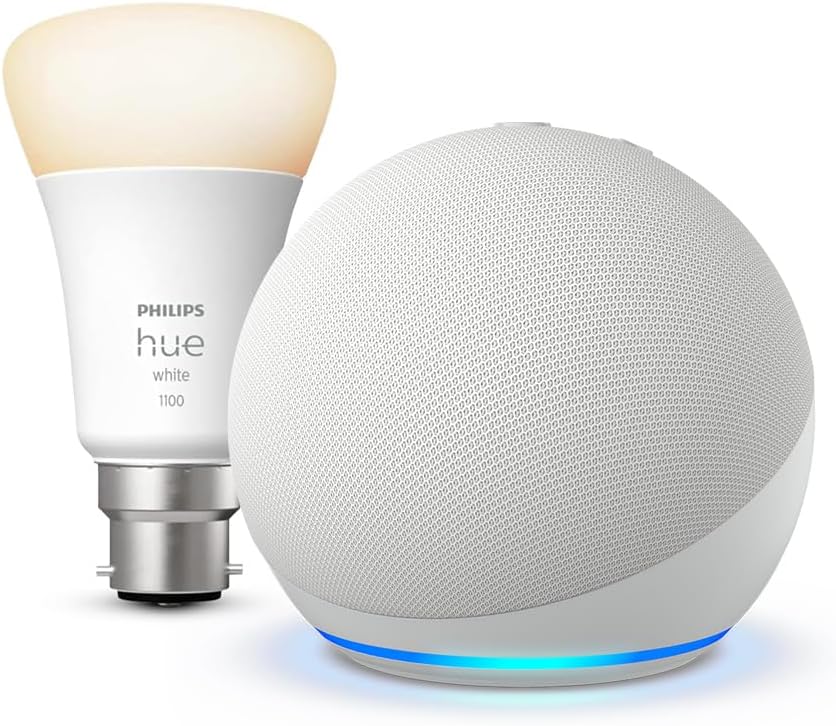 Echo Dot (5th generation) | Glacier White + Philips Hue White Smart Light Bulb LED (B22), Works with Alexa - Smart Home Starter Kit, with Alexa+ Early Access