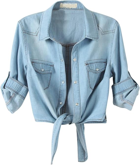PUWEI Women's Denim Shirts Casual Button Up 3/4 Sleeve Tie Front Jean Crop Tops