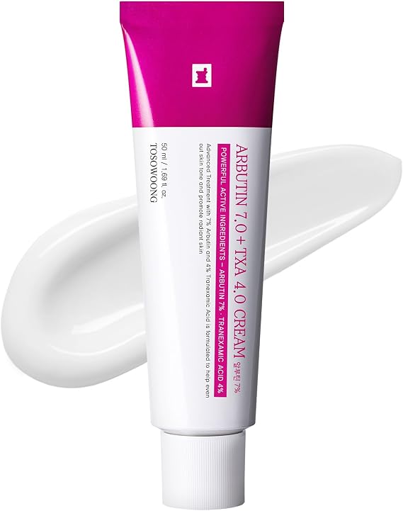 TOSOWOONG Arbutin 7% + Tranexamic Acid 4% Cream for Dark Spots, Brightening | 70,000ppm Arbutin + 40,000ppm TXA, Niacinamide, Glutathione for Blemishes & Freckles, Glow, Korean Skincare, 50ml/1.69 fl oz