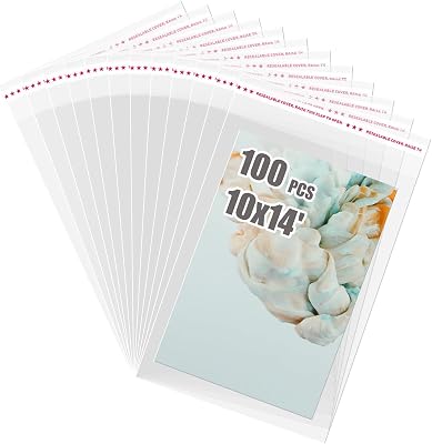 Egofine Self Sealing Cellophane Bags 100 PCS Clear Resealable Sleeves Bags for 10x14 Photo Mats Bag Size: 10x14 inches