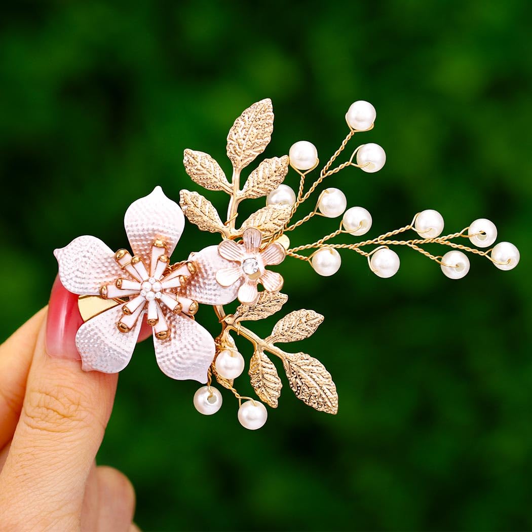 Foyte Bridal Flower Hair clip Pearl Wedding Hair Piece Gold Bride Leaf Barrettes Bridal Hair Accessories for Women and Brides