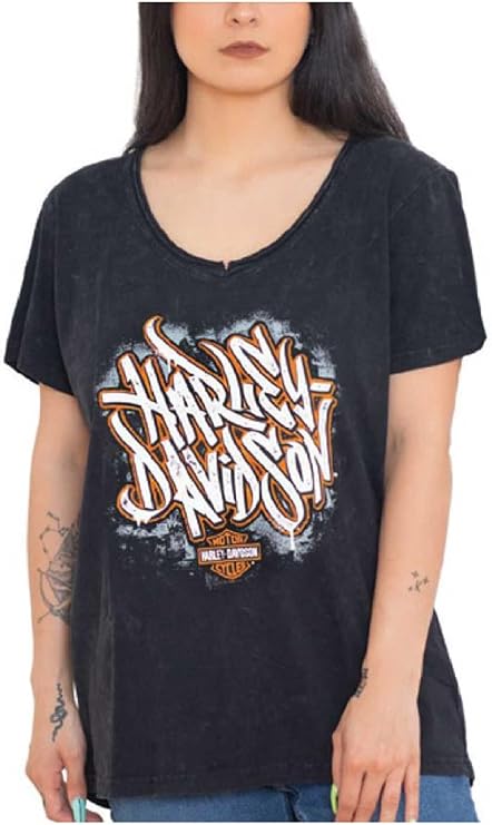 Harley-Davidson Women's Graffiti Raw-Edge V-Neck Short Sleeve Tee, Black Wash