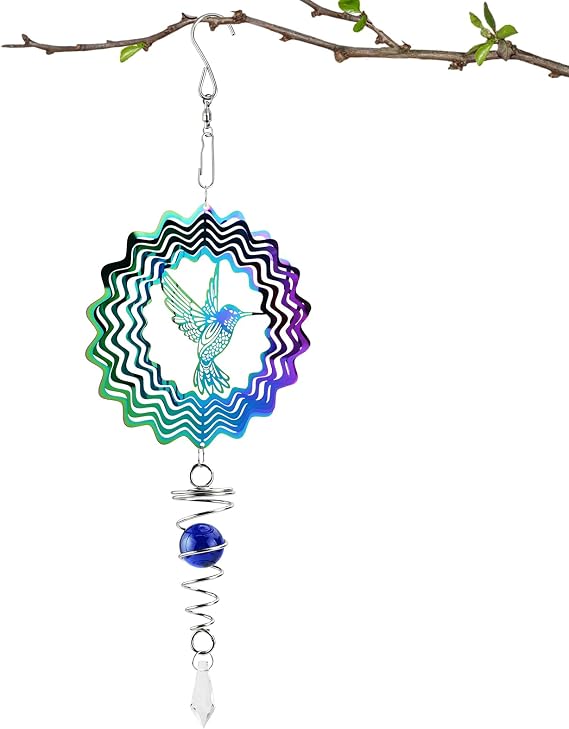 Wind Spinners for Garden 15cm/5.91inch 3D Hummingbird Hanging Wind Spinner with with Ball Spiral Tail Colorful Kinetic Windmill Magical Wind Powered Yard Art Decorations for Indoor Outdoor Garden Yard