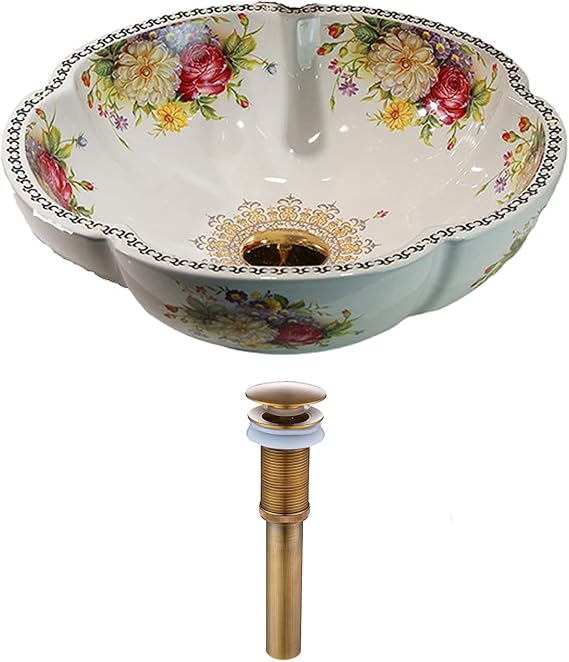 White Bathroom Peony Flower Ceramic Vessel Sink with Drain Combo
