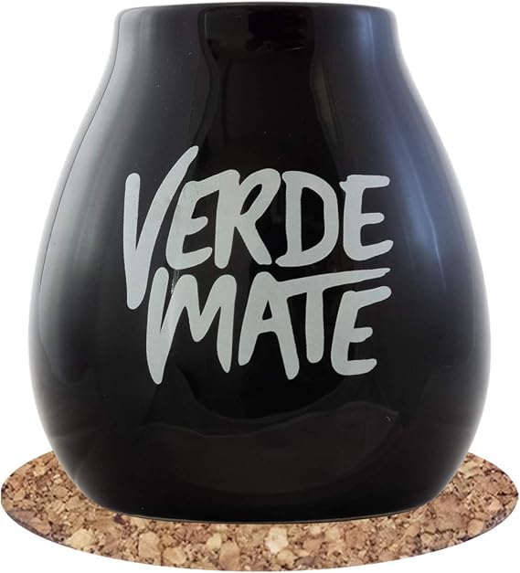 Yerba Mate Tea Black Ceramic Gourd 350ml with Verde Mate Logo + Cork Coaster | Huge Capacity | Stylish Design | Durable Construction | Easy Maintenance | Product of Cebador