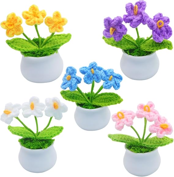 5Pcs Knitted Flowers Crochet Flowers Handmade Crochet Small Potted Flowers for Birthday Wedding Valentines Christmas and Home Decoration
